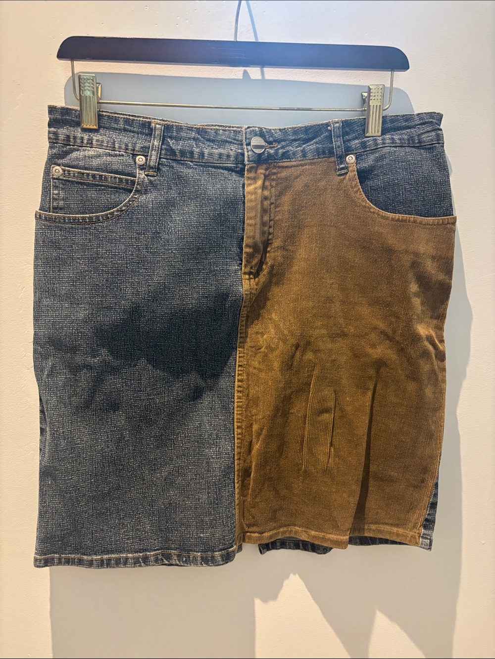 Two-Tone Denim & Brown Corduroy Skirt
